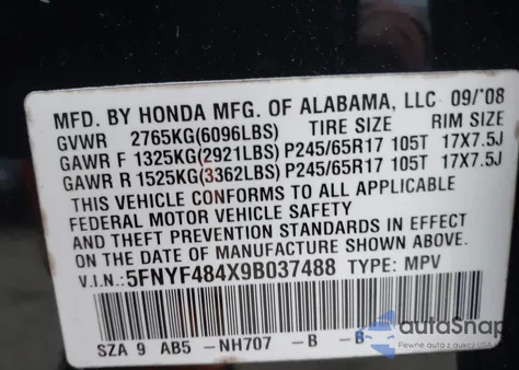 2009 Honda Pilot Ex z USA, uszkodzony, nr VIN 5FNYF484X9B037488